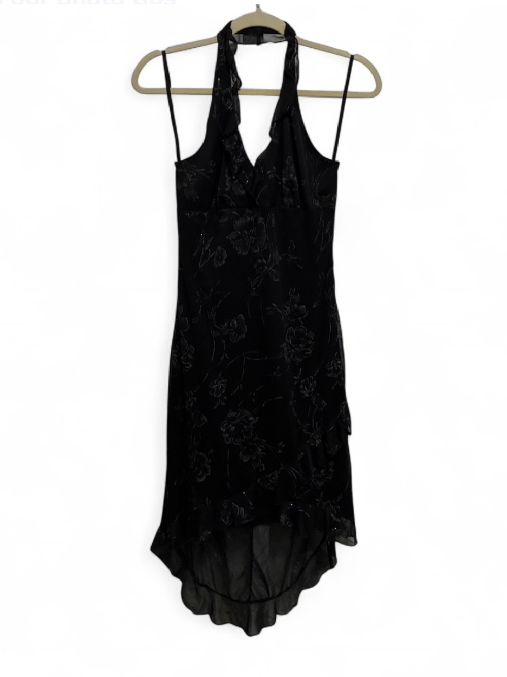 Y2K Byer Too Black Floral Halter Glittery High Low Dress